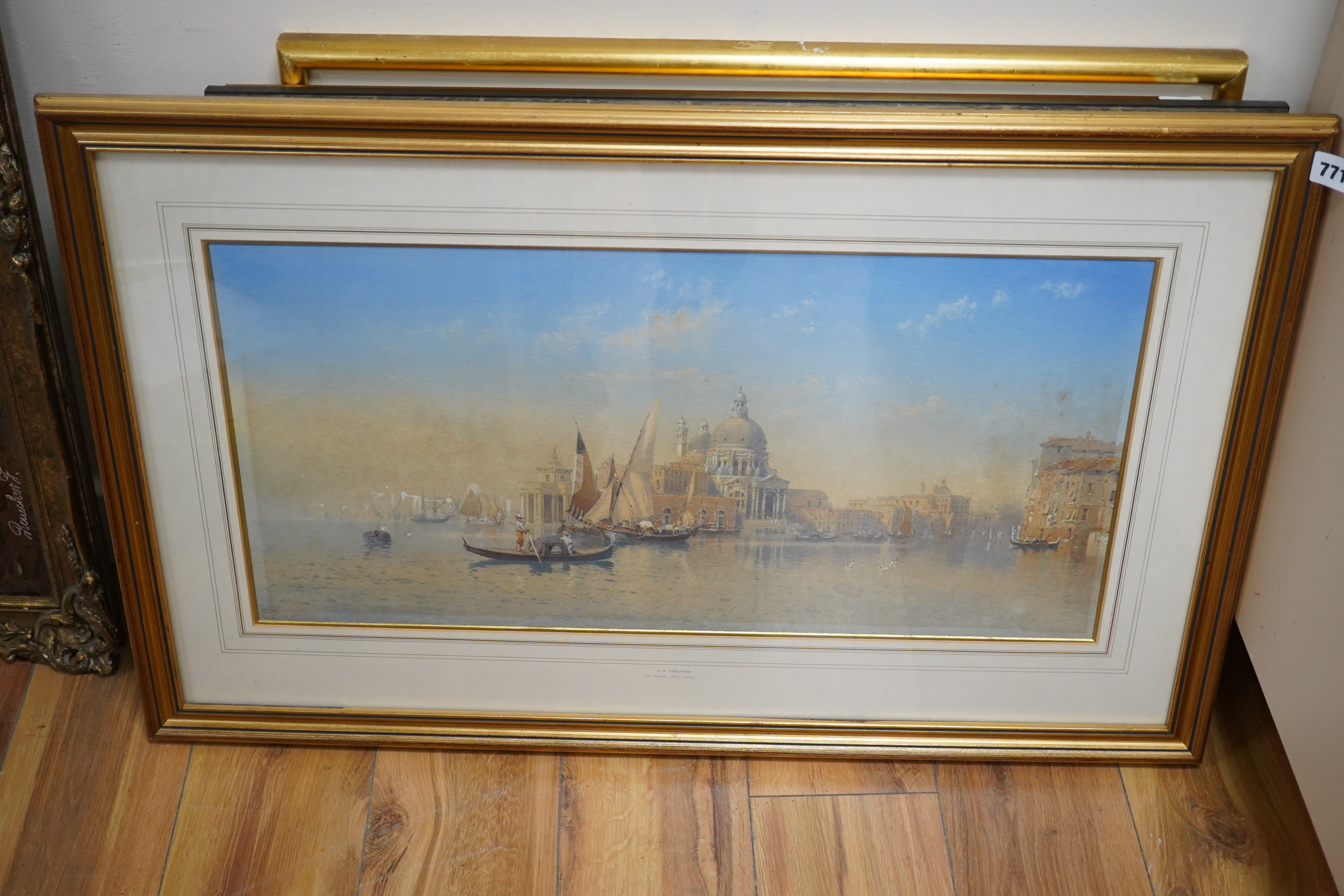 Edward W. Hereford (Exh.1884-1915), watercolour, 'The Customs Point, Venice', monogrammed and dated 1905, details verso, 33 x 69cm. Condition - poor, in need of a clean